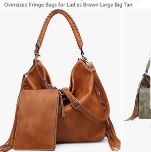 Large 17 inch Fringed Camel Tote w/matching Clutch